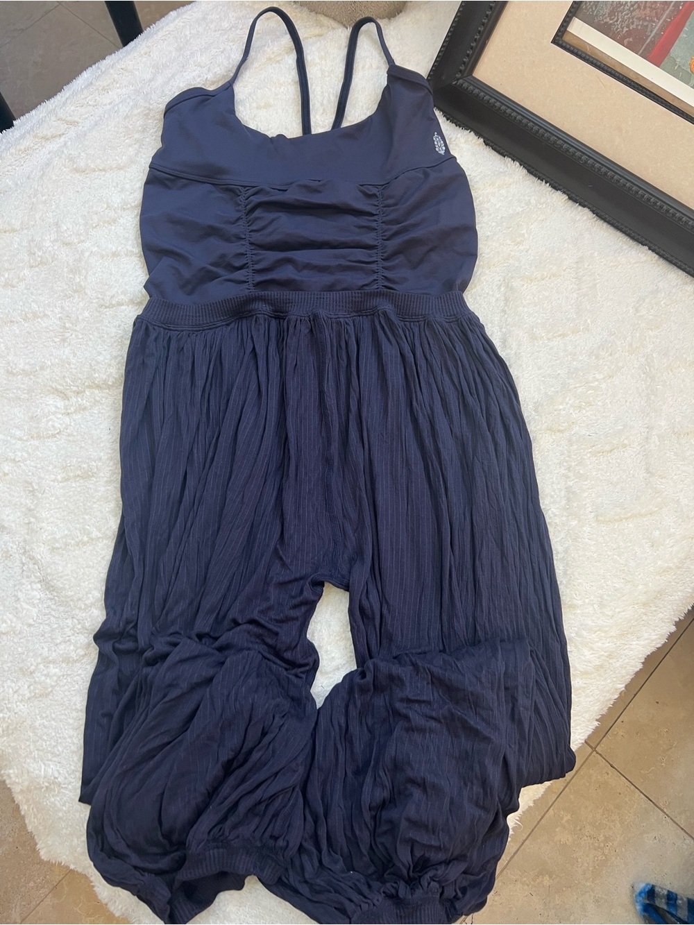 Free People Navy Ruched Wide-Leg Jumpsuit